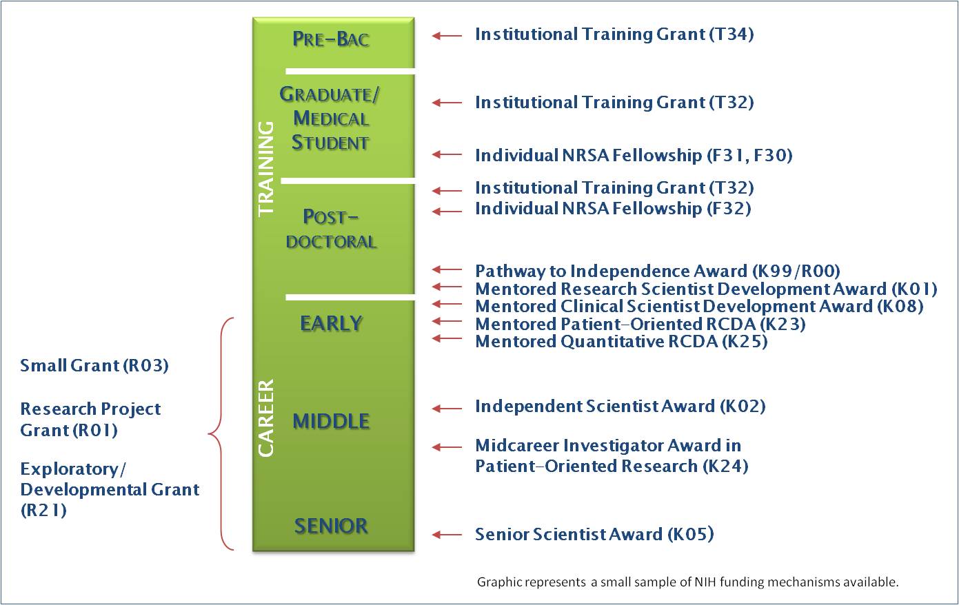 graphic shows a selection of NIH grant program and the approximate career stage in which people receive these awards