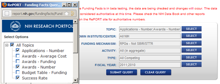 screen shot of Funding Facts showing the selections outlined above