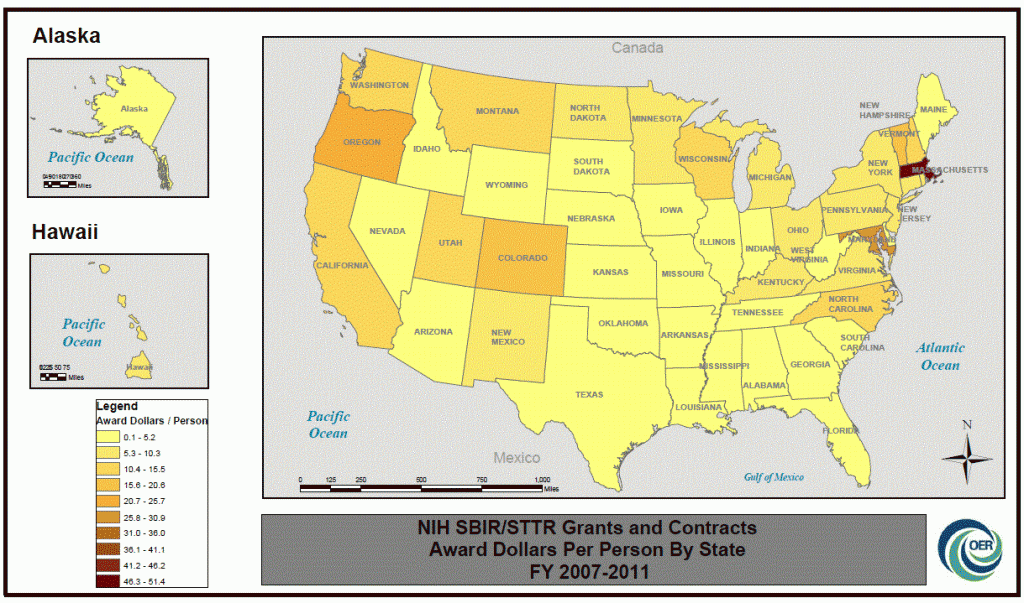 SBIR Heat Map FY2007-2011, per person by state