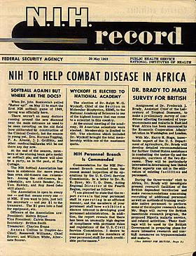 Cover of 1949 inaugural issue of the NIH Record newsletter with headline "NIH TO HELP COMBAT DISEASE IN AFRICA"
