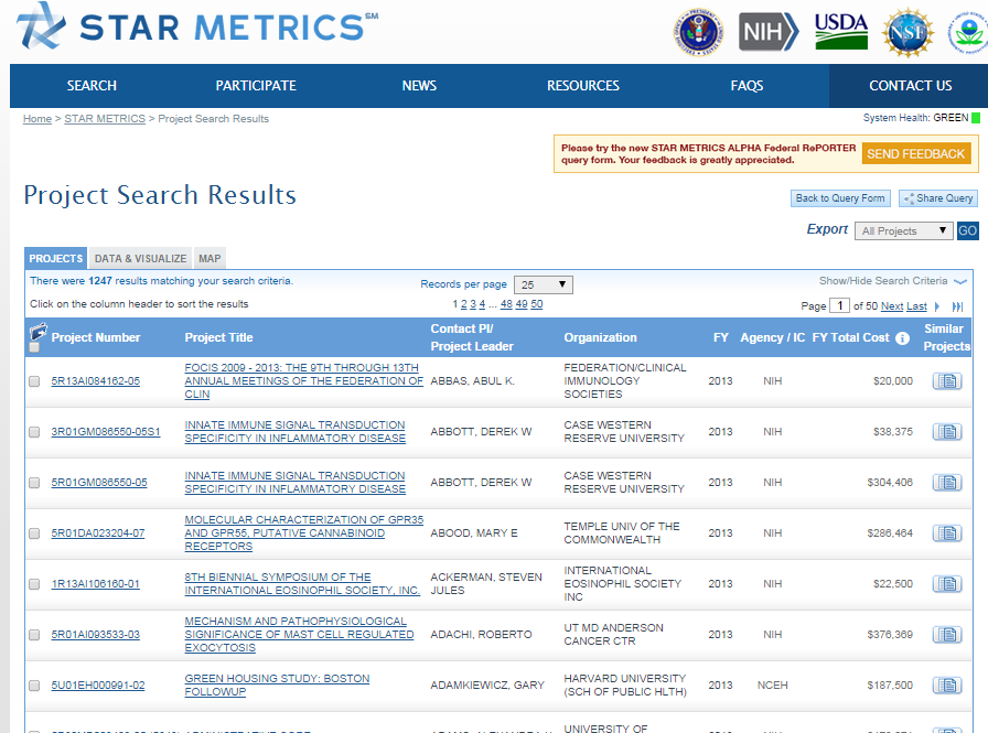 Project search results list example from Federal RePORTER