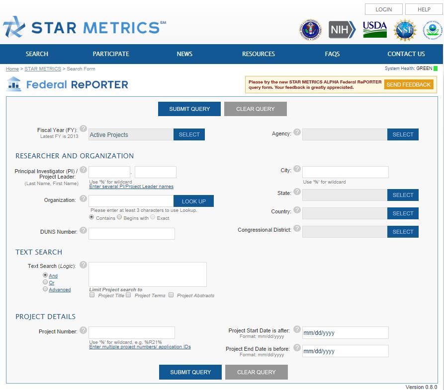 Screenshot of Federal RePORTER query screen
