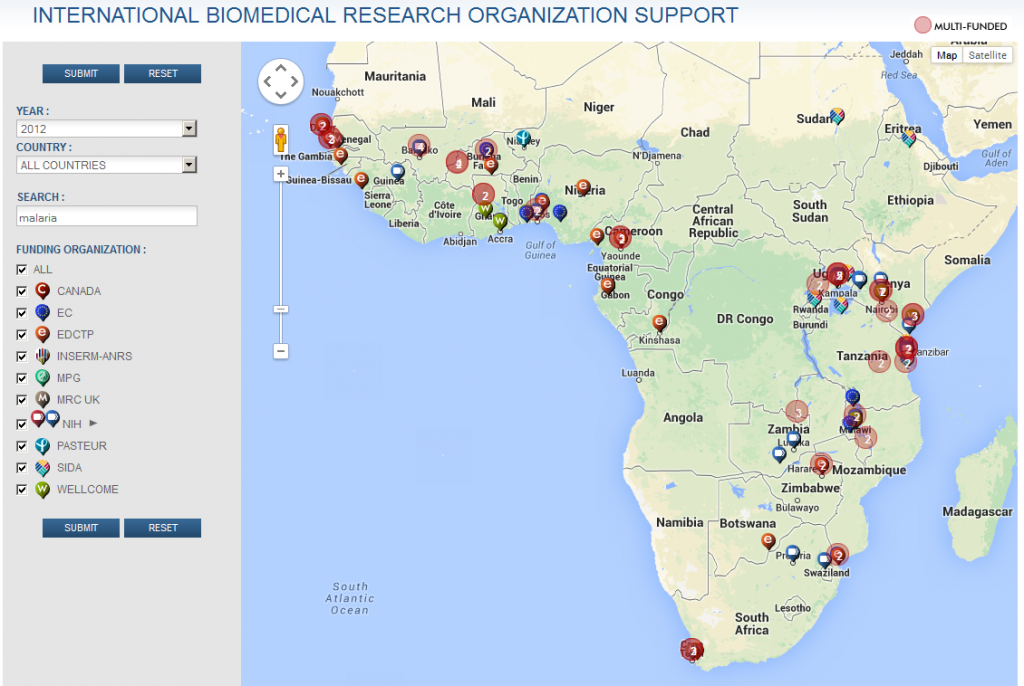 Map of “malaria” search results in sub-saharan Africa using the World RePORT website