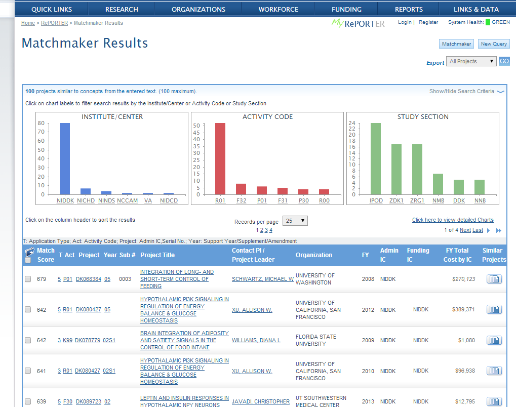 Screenshot of Matchmaker query results 