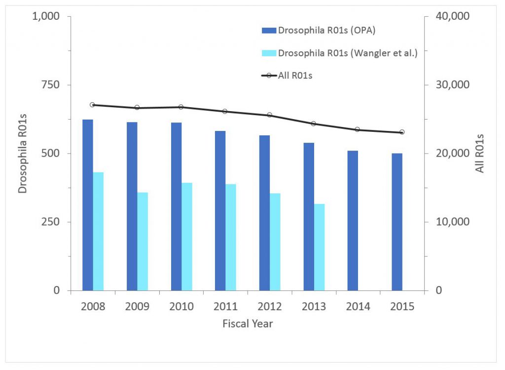 Drosophila R01 data - the number of non-ARRA Drosophila awards (competing and non-competing) over time - data tables are found at the bottom of the RePORT Special reports page: https://report.nih.gov/special_reports_and_current_issues/index.aspx