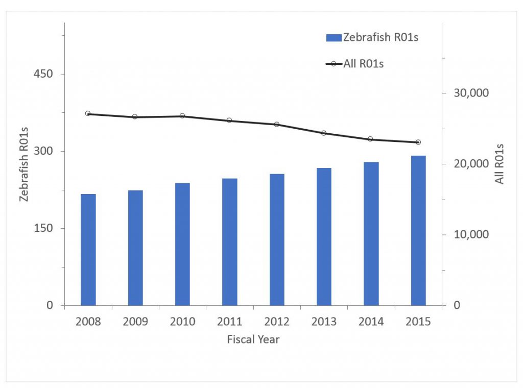 Number of zebrafish R01 awards data tables are found at the bottom of the RePORT Special reports page: https://report.nih.gov/special_reports_and_current_issues/index.aspx