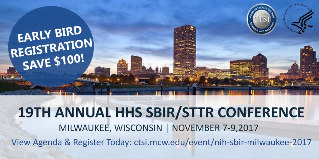 Promotional image for HHS SBIR-STTR conference showing that early bird registration saves $100