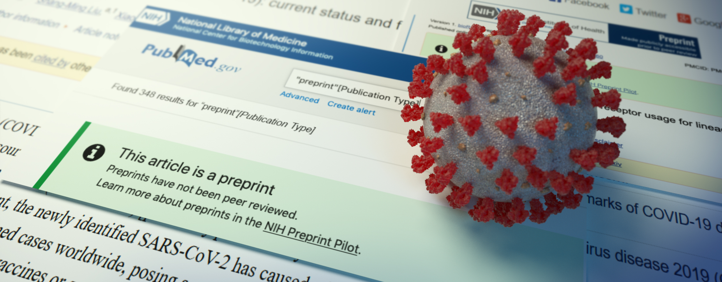 Graphic showing a coronavirus atop of a preprint in PubMed