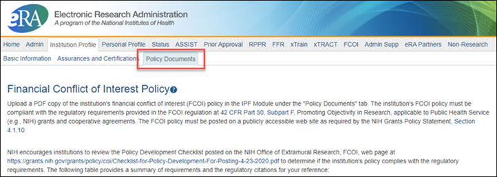 Screenshot of the top of the IPF, highlighting the new Policy Documents tab