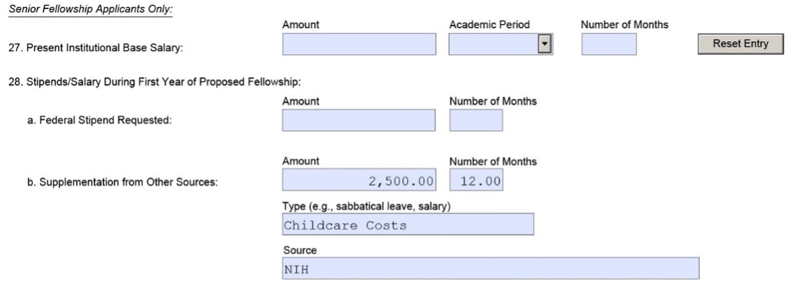 Screenshot of field 28b (Supplementation from Other Sources: Amount, Number of Months, Type, and Source) on the PHS Fellowship Supplemental Form