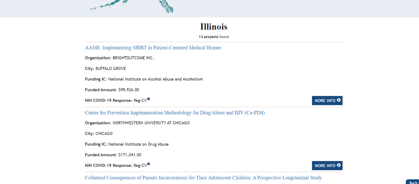Figure 2 illustrates screenshots of the NIH COVID-19 funding page utilizing RePORTER’s API. The state of Illinois is selected in the drop-down (first screenshot) with the first 2 results shown (second screenshot).