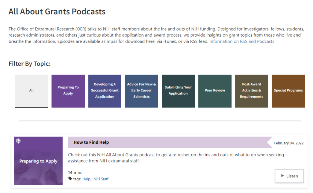 screenshot of podcast landing page, showing tiles with various topic categories and links to individual episodes underneath