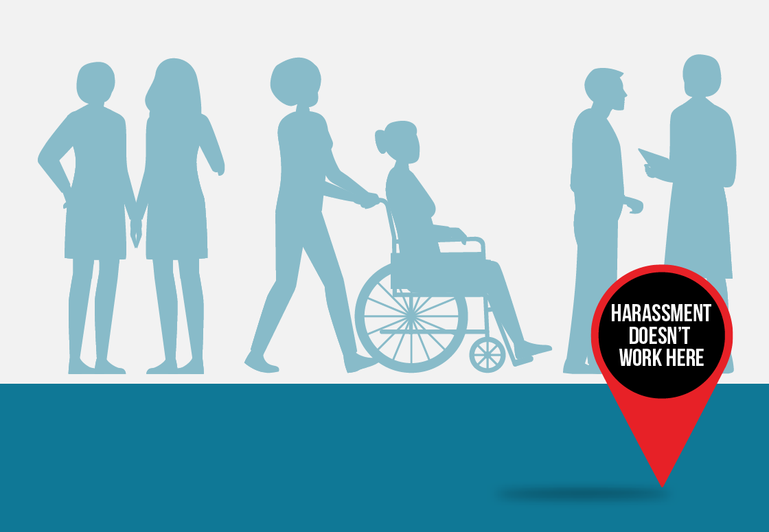 graphic with blue silhouettes of different people (incl. women, men, and a person in a wheelchair) with a red place marker reading "harassment doesn't work here"