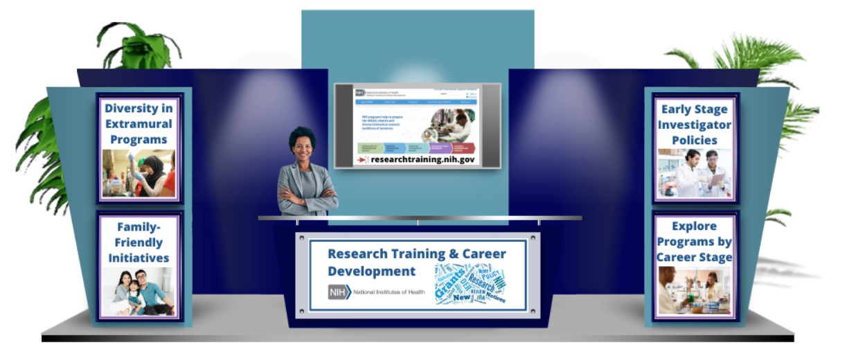 image of digital booth with signs for research training and career development, diversity in extramural programs, ESI policies, family-friendly initiatives, and more