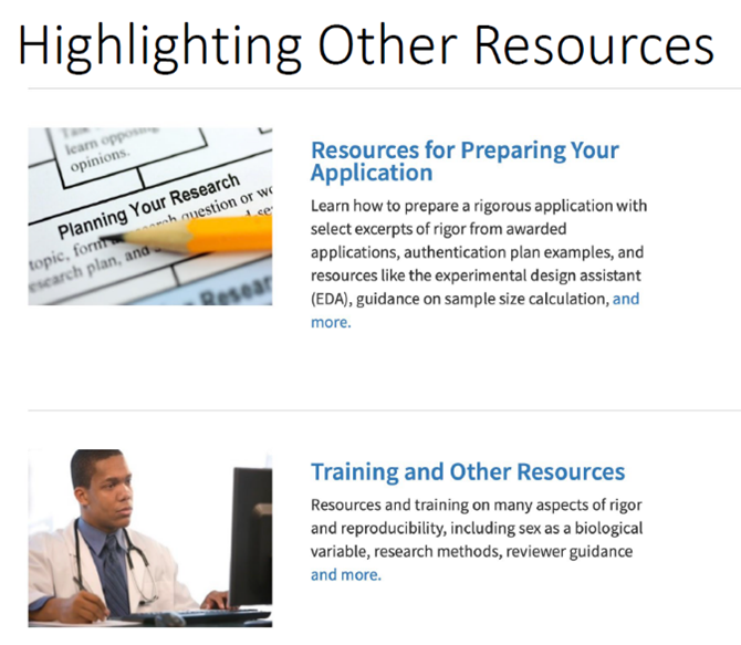 Graphic highlighting two resources. The first depicts a pencil on top of a chart that reads “Planning Your Research” and “Resources for Preparing your Application.” The second image is of a researcher at a computer, with a description that says “Training and Other Resources.” 
