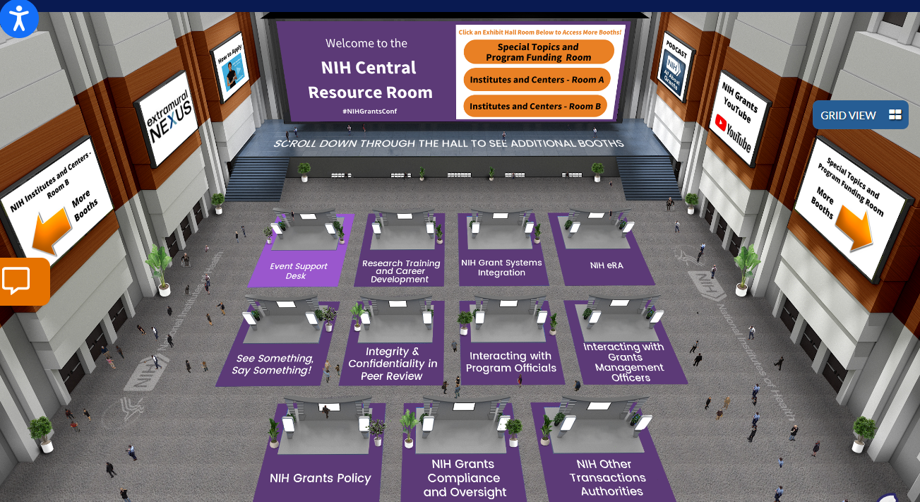 screenshot of Exhibit Hall, showing booths from NIH exhibitors in the Central Resource room