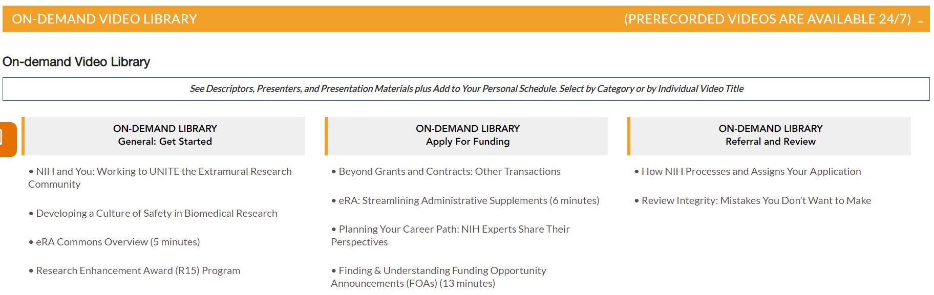 Screenshot of On-Demand video library, showing many different topics of videos on the grants process