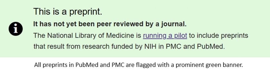 screenshot of alert reading "This is a preprint. It has not yet been peer reviewed by a journal."
