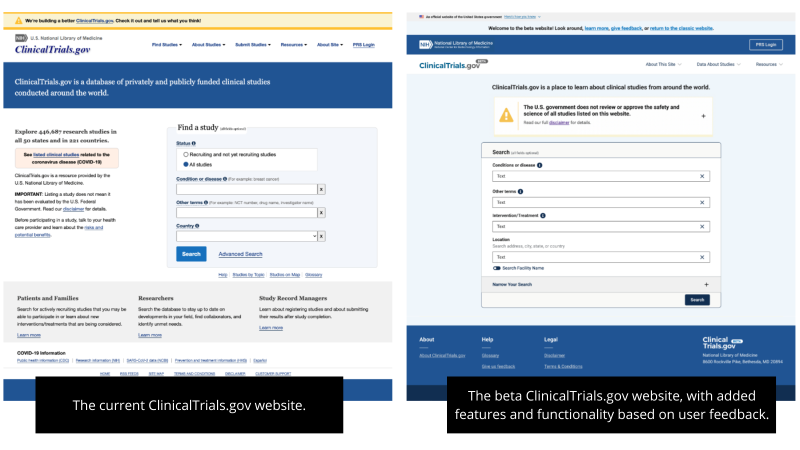 two screenshots side by side of the current and beta ClinicalTrials.gov website.