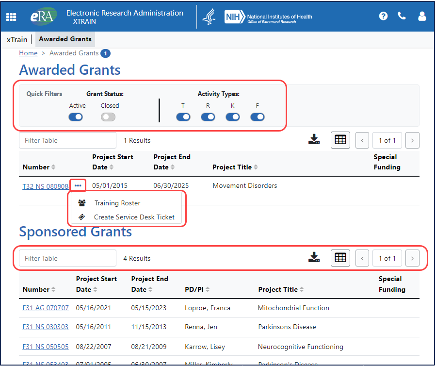 screenshot of xTrain page, highlighting quick filters under awarded grants, location of the training roster, and ability to filter Sponsored Grants table