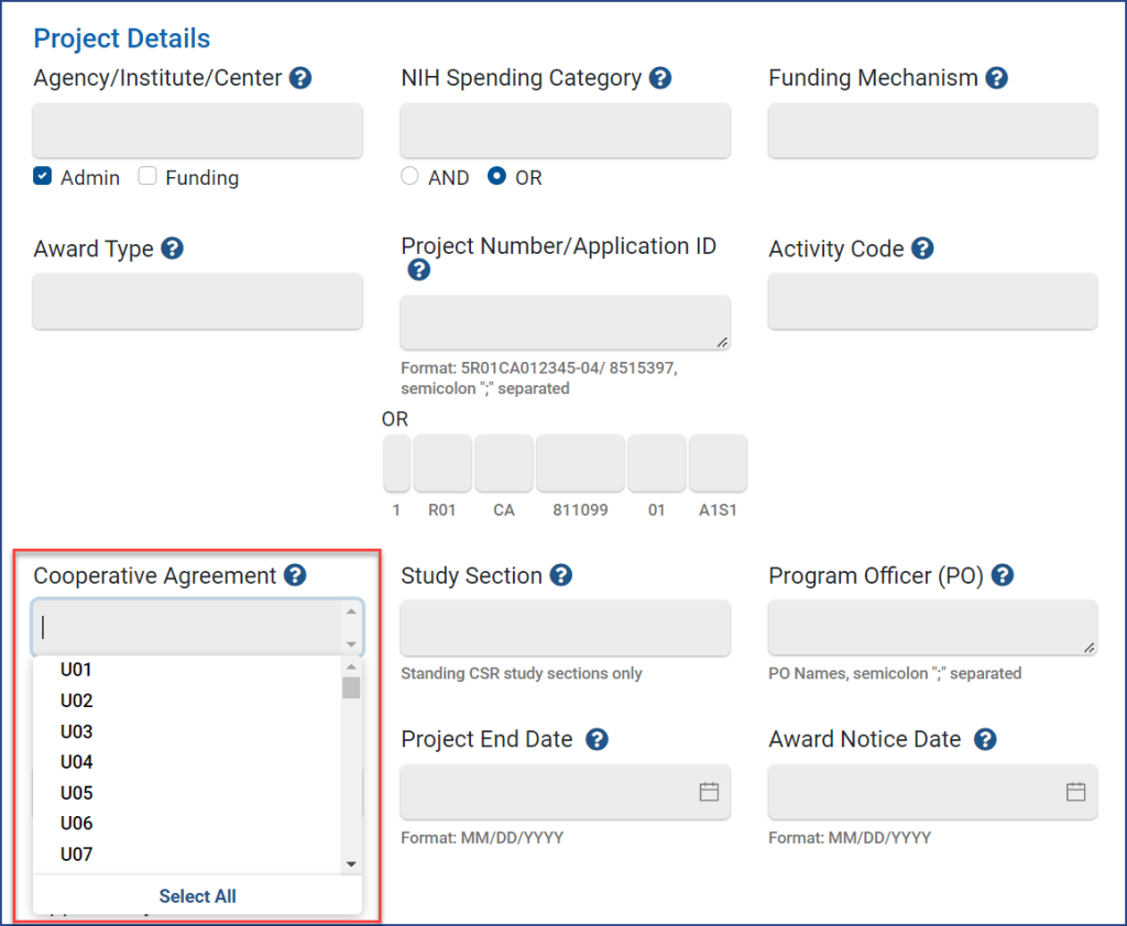 Screenshot of Project Details section with Cooperative Agreement dropdown menu highlighted